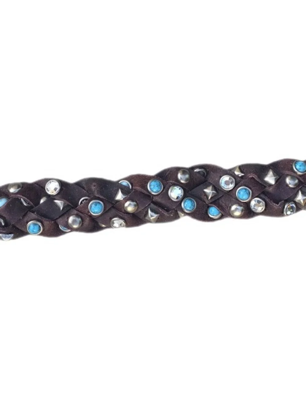 Western Festival Braided Brown Leather Belt  Studded Faux Turquoise Crystal LG